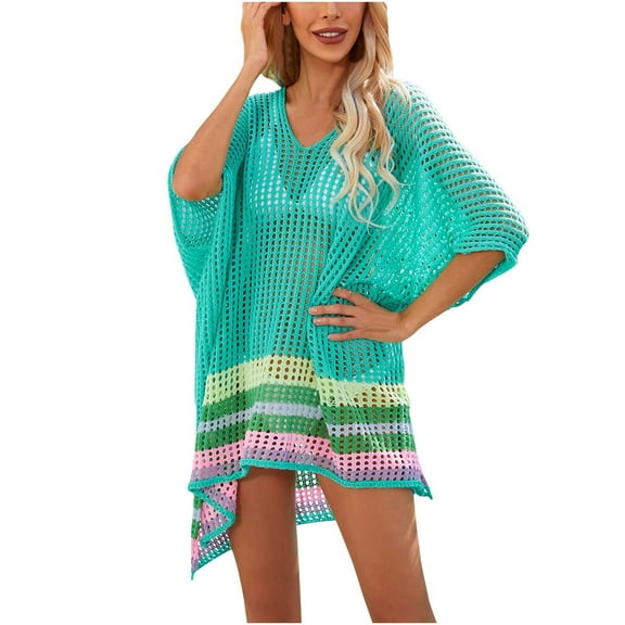 gakvbuo Summer Beach Cover Up Dress For Women Swimwear Bikini Bathing Suit Coverups Women's Fashion Round Neck Long Sleeve Loose Hollowed Out Beach Swimsuit Blouse