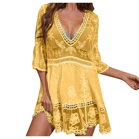 gakvbuo Summer Beach Cover Up Dress For Women Swimwear Bikini Bathing Suit Coverups Women's Fashion Round Neck Short Sleeve Loose Hollowed Out Beach Swimsuit Blouse