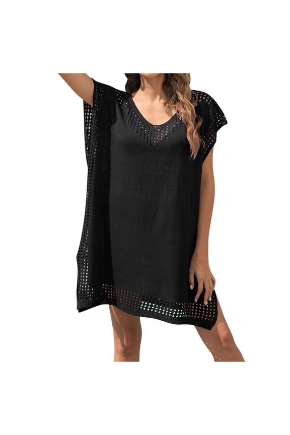 Summer Beach Cover Up Dress For Women Swimwear Bikini Bathing Suit Coverups Women's Fashion Round Neck Short Sleeve Loose Hollowed Out Beach Swimsuit Blouse