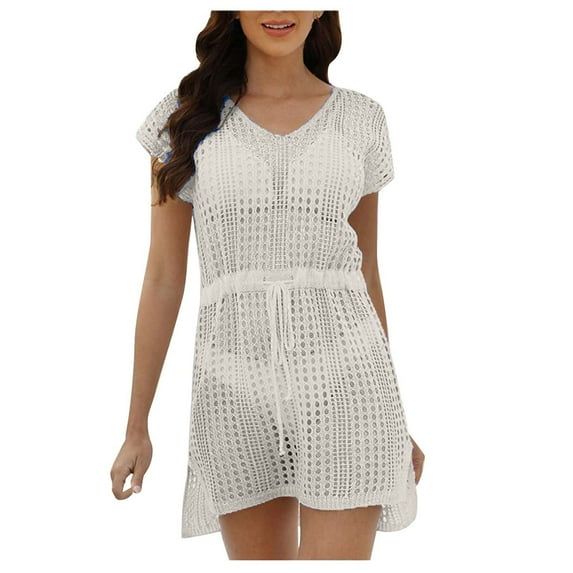gakvbuo Summer Beach Cover Up Dress For Women Swimwear Bikini Bathing Suit Coverups Women's Fashion Round Neck Short Sleeve Loose Hollowed Out Beach Swimsuit Blouse