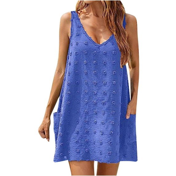 gakvbuo Summer Beach Cover Up Dresses For Swimwear Women Polka Dot Bathing Suit Cover Up Sleeveless V Neck Vest Mini Dress Tank Dress With 2 Pockets