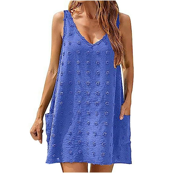 gakvbuo Summer Beach Cover Up Dresses For Swimwear Women Polka Dot Bathing Suit Cover Up Sleeveless V Neck Vest Mini Dress Tank Dress With 2 Pockets