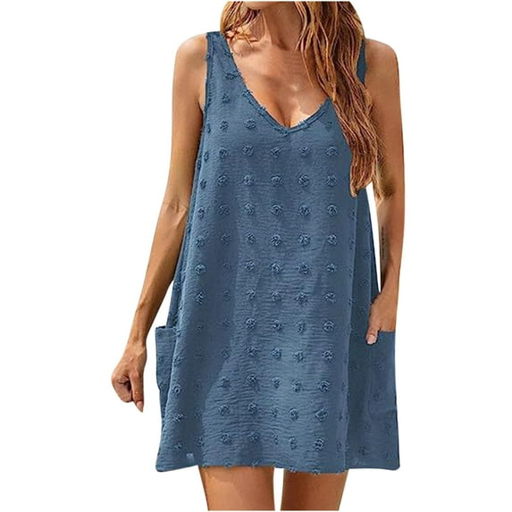 gakvbuo Summer Beach Cover Up Dresses For Swimwear Women Polka Dot Bathing Suit Cover Up Sleeveless V Neck Vest Mini Dress Tank Dress With 2 Pockets