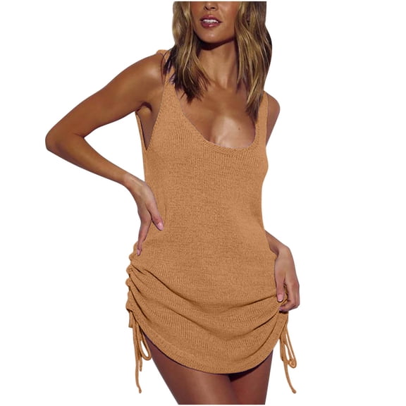 gakvbuo Summer Beach Coverup Dresses For Swimwear Women Vacation Sleeveless Backless Crochet Bikini Cover Ups Skirt Scoop Neck Side Drawstring Knitted Tank Dress