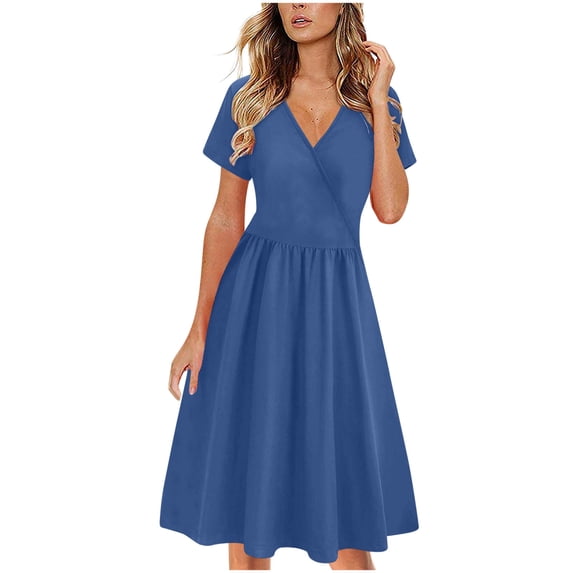 gakvbuo Summer Dress For Women A-Line Dress Women's Solid Color Short Sleeve-Neck Mid-Calf Dress