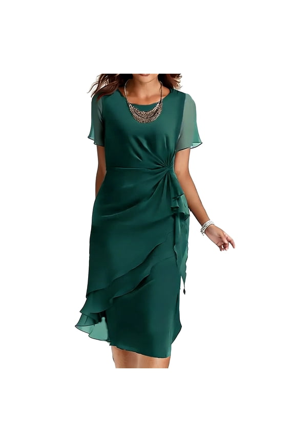 Summer Dress For Women Evening Gown Dress Wrap Dress Women Round Neck Short Sheer Sleeve Ruched Ruffle Solid Color Wedding Duest Dresses