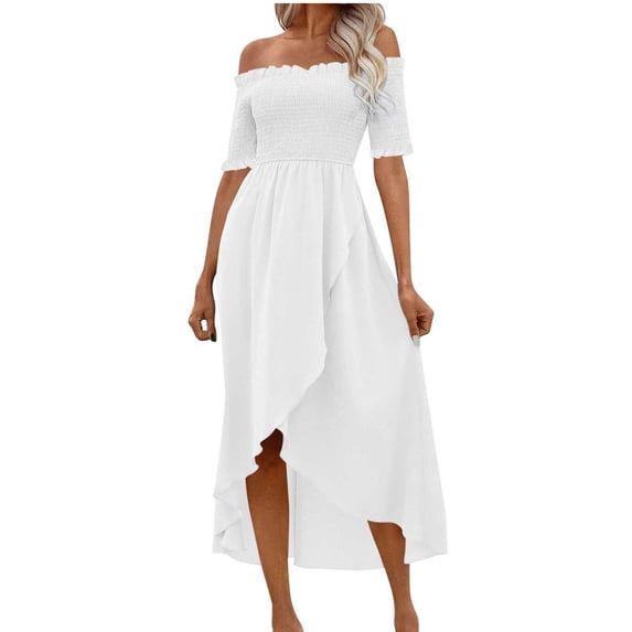 gakvbuo Summer Dress For Women Maxi Dress A-Line Dress Women's Casual Solid Color Irregular Short Sleeve Off-The-Shoulder Dress