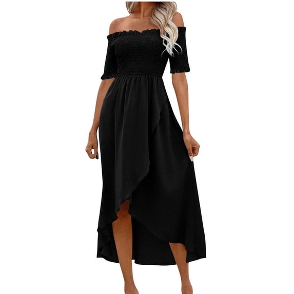 gakvbuo Summer Dress For Women Maxi Dress A-Line Dress Women's Casual Solid Color Irregular Short Sleeve Off-The-Shoulder Dress