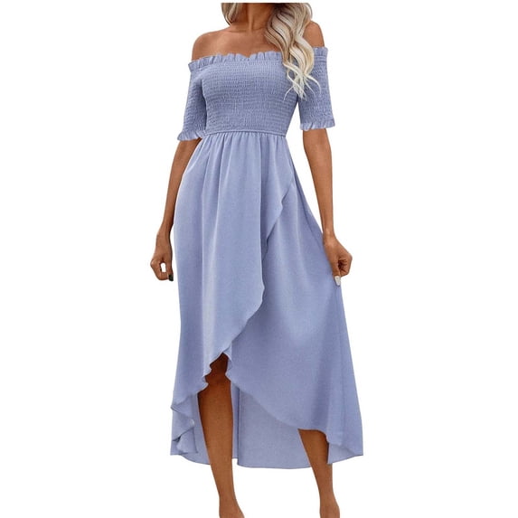 gakvbuo Summer Dress For Women Maxi Dress A-Line Dress Women's Casual Solid Color Irregular Short Sleeve Off-The-Shoulder Dress
