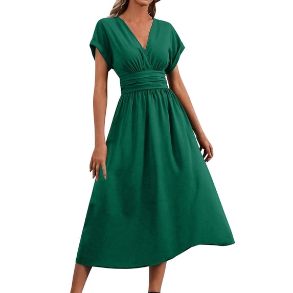 gakvbuo Summer Dress For Women Maxi Dress A-Line Dress Women's Round Neck Solid Color Short Sleeve Mid-Length Mini Long Skirt with Pocket