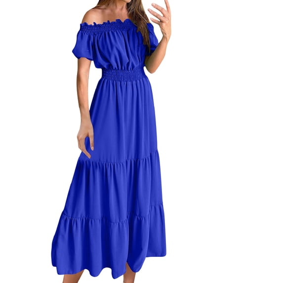 gakvbuo Summer Dress For Women Maxi Dress Peplum Dress Ladies Elegant Summer One-shoulder Solid Color Short Sleeve Elastic Waist Women's Dress