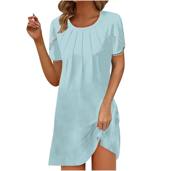 gakvbuo Summer Dress For Women Mini Dress T-Shirt Dress New Women's Summer Casual Round Neck Solid Color Loose Chest Pleated Short Sleeve Dress