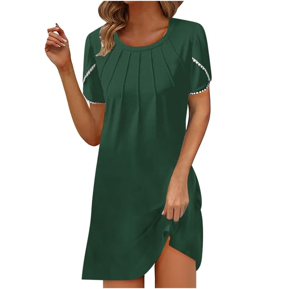 gakvbuo Summer Dress For Women Mini Dress T-Shirt Dress New Women's Summer Casual Round Neck Solid Color Loose Chest Pleated Short Sleeve Dress