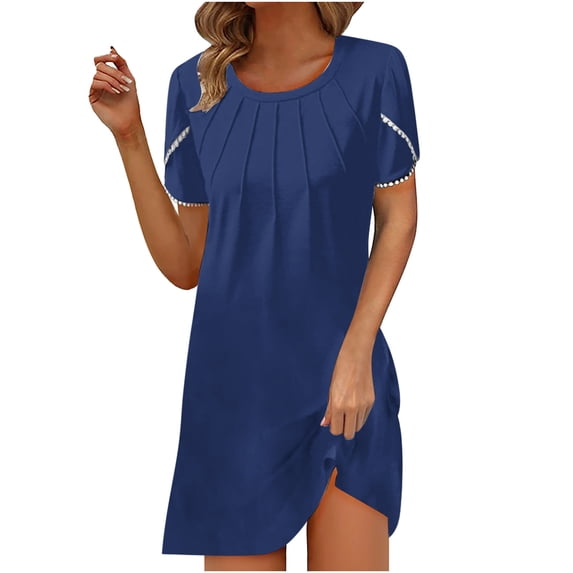 gakvbuo Summer Dress For Women Mini Dress T-Shirt Dress New Women's Summer Casual Round Neck Solid Color Loose Chest Pleated Short Sleeve Dress