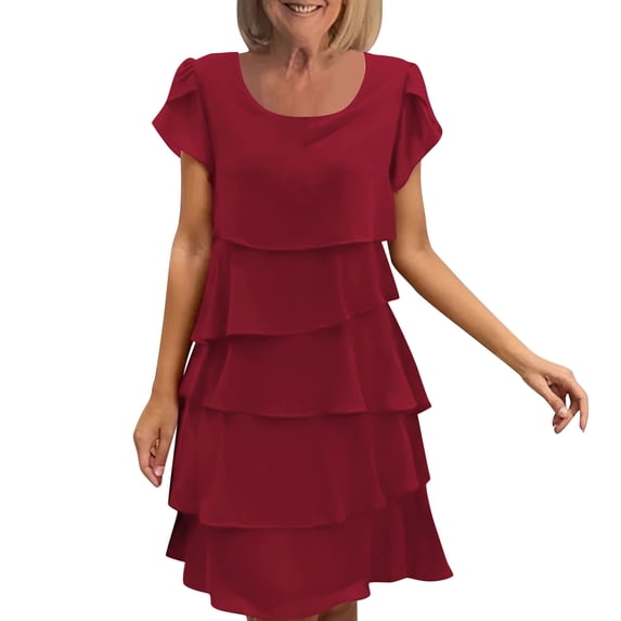 gakvbuo Summer Dress For Women Mini Dress T-Shirt Dress Women's Round Neck Solid Color Short Sleeve Ruffled Dresses
