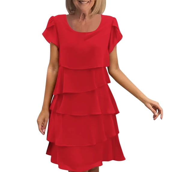 gakvbuo Summer Dress For Women Mini Dress T-Shirt Dress Women's Round Neck Solid Color Short Sleeve Ruffled Dresses