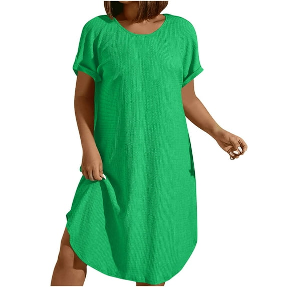 gakvbuo Summer Dress For Women Mini Dress T-Shirt Dress Women's Temperament Solid Color Short Sleeve Square Neck Cake Dress
