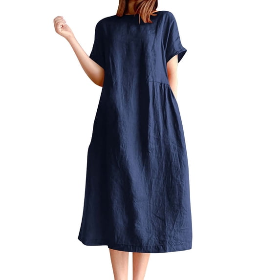 gakvbuo Summer Dress For Women T-Shirt Dress Women's Solid Color Round Neck Loose Short Sleeve Dress