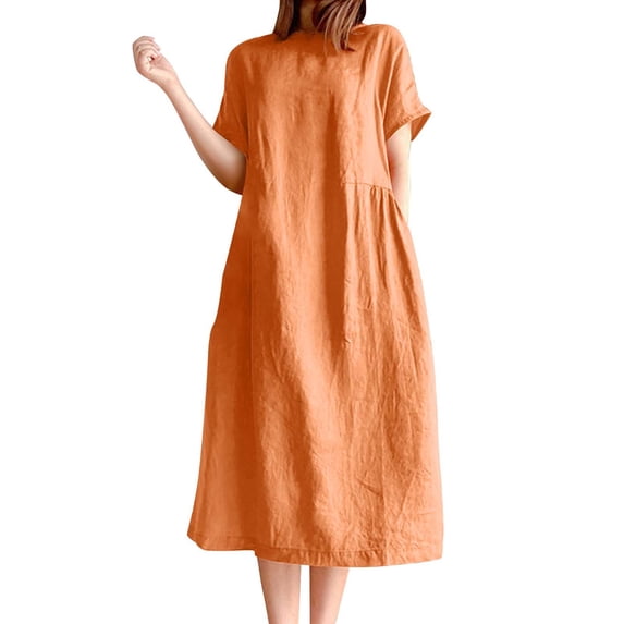 gakvbuo Summer Dress For Women T-Shirt Dress Women's Solid Color Round Neck Loose Short Sleeve Dress