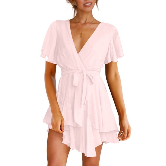 gakvbuo Summer Dress For Womens Casual Twist Front V Neck Dress Long Sleeve Waist Tie Ruffle Swing Mini Dresses Tiered Layer A-Line Short Dress