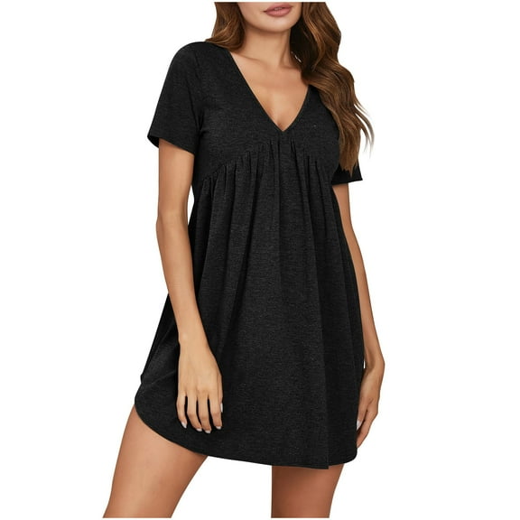 gakvbuo Summer Dress For Women 2024 Casual Pleated V Neck Short Sleeve Loose Short Mini Dress T Shirt Nightdress Cute Flowy Swing Babydoll Dress Home Nightgowns Sleepshirts