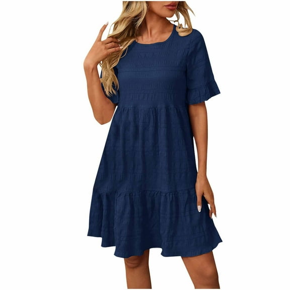 gakvbuo Summer Dress for Women 2025 Homecoming Dresses Women's Fashion Solid Shorts Sleeves Round-Neck Patchwork Dress