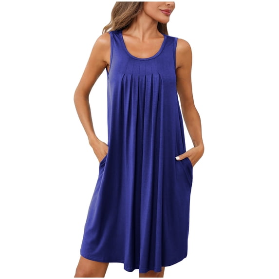 gakvbuo Summer Dresses For Women 2024 Casual Tank Dress Sleeveless Knee Length Pleated Front Crew Neck Sun Dresses Nightgown With Pockets Sleep Sleepwear Nightshirt