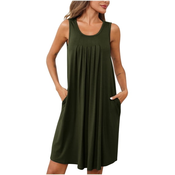 gakvbuo Summer Dresses For Women 2024 Casual Tank Dress Sleeveless Knee Length Pleated Front Crew Neck Sun Dresses Nightgown With Pockets Sleep Sleepwear Nightshirt
