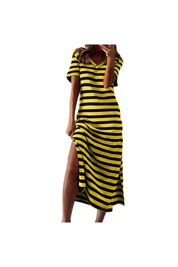 Summer Dresses For Women 2024 Short Sleeve Beach T Shirt Dress V Neck Stripe Sun Dress Split Hem Loose Long Color Block Maxi Dress