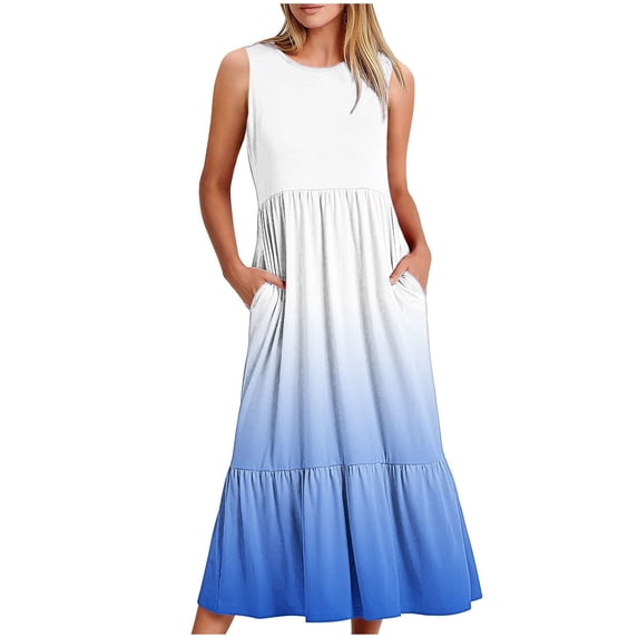 gakvbuo Summer Dresses For Women 2024 Vacation Casual Print Sleevelessswing Tank Sundress Boho Flowy Ruffle Boho Long Dresses Tiered Maxi Dress With Pockets