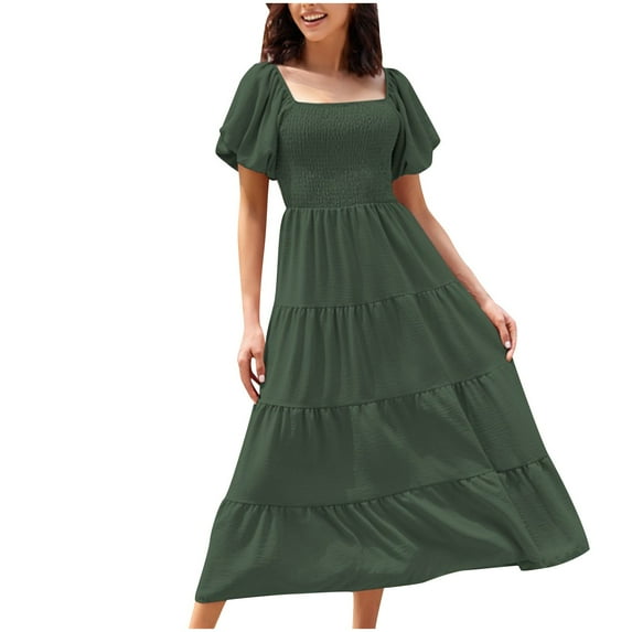 gakvbuo Summer Dresses For Women 2024 Vacation Trendy Beach Dresses Women's Summer Casual Neck Pleated Short Sleeve Solid Color Dress