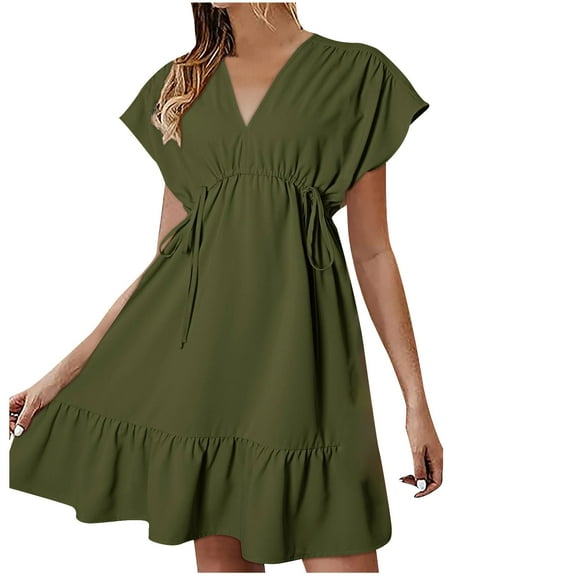 gakvbuo Summer Dresses For Women 2024 Vacation Trendy Beach Dresses Womens Dresses Short Sleeve V Neck Drawstring Casual Ruffle A-Line Mini Dress