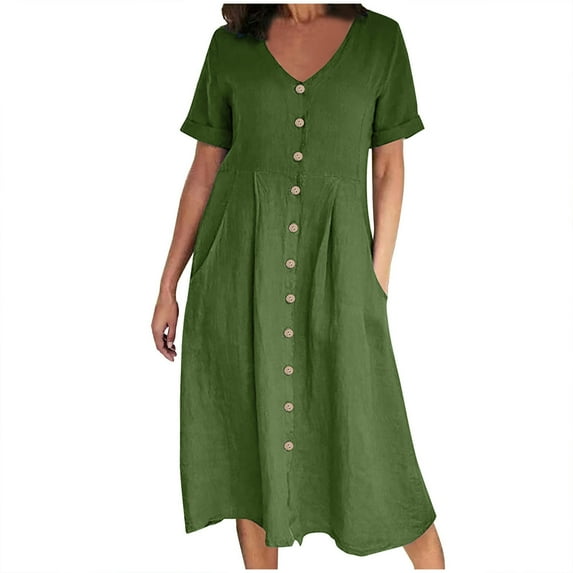 gakvbuo Summer Dresses For Women 2024 Vacation Trendy Beach Dresses Fashion Women Summer Casual V-Neck Solid Short Sleeve Button Pocket Cotton Linen Dress