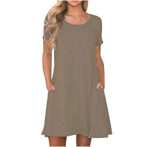 gakvbuo Summer Dresses For Women 2025 Mini Dress Casual T Shirt Dress Crewneck Short Sleeve Knee Length Beach Vacation Sundress With Pockets