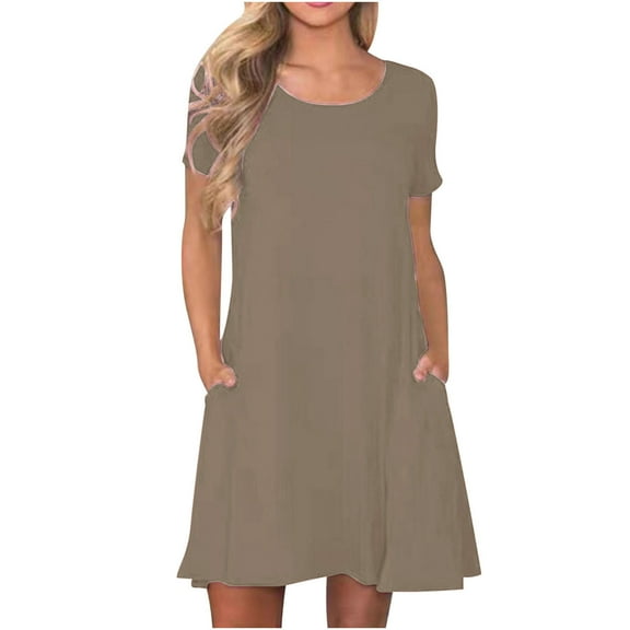 gakvbuo Summer Dresses For Women 2025 Mini Dress Casual T Shirt Dress Crewneck Short Sleeve Knee Length Beach Vacation Sundress With Pockets