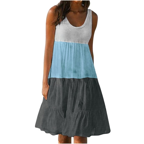 gakvbuo Summer Dresses For Women Crew Neck Pleated Ruffle Hem Knee Length T Shirt Dress Sleeveless Sundress Tank Dress High Waist Flowy Boho Beach Cover Ups Dresses Holiday Vacation Party Mini Dress