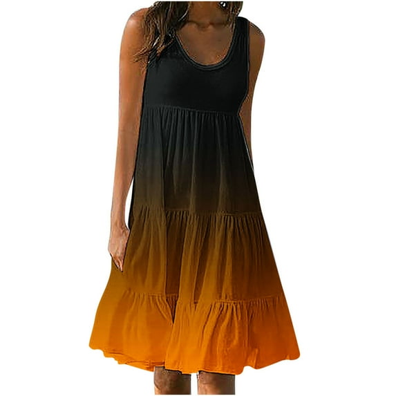 gakvbuo Summer Dresses For Women Crew Neck Pleated Ruffle Hem Knee Length T Shirt Dress Sleeveless Sundress Tank Dress High Waist Flowy Boho Beach Cover Ups Dresses Holiday Vacation Party Mini Dress