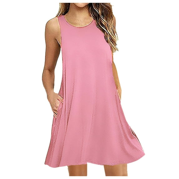 gakvbuo Summer Tank Sundress For Woman Crew Neck Sleeveless Midi Dress Swing Pleated Tshirt Dresses Above Knee Dress Party Dress Vacation Beach Coverup With Pocket Plus Size Sun Dresse For Woman S-2Xl