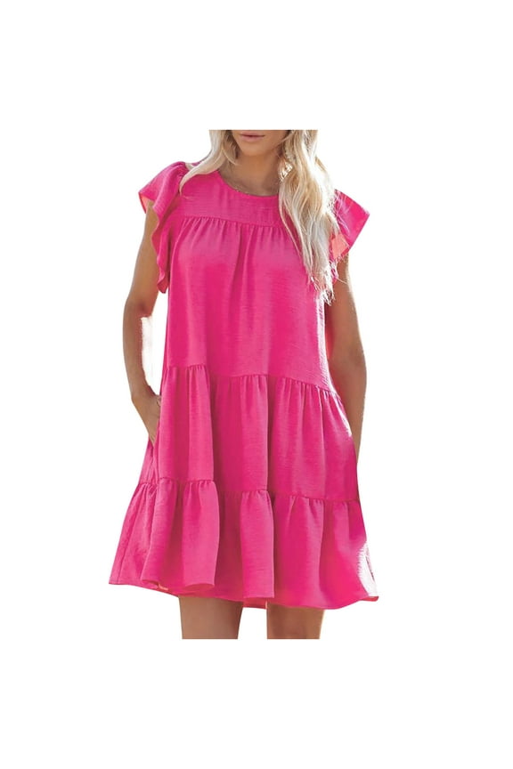 Summer Dresses For Women Women's Holiday Summer Solid Color Round Neck Short Sleeve Party Beach Loose Dress