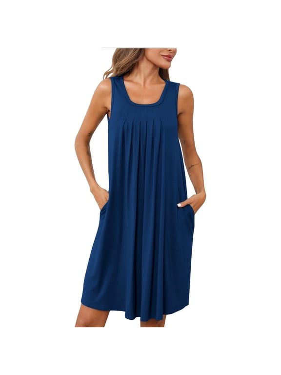 Summer Dresses For Women 2024 Casual Tank Dress Sleeveless Knee Length Pleated Front Crew Neck Sun Dresses Nightgown With Pockets Sleep Sleepwear Nightshirt