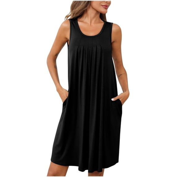 gakvbuo Summer Dresses For Women 2024 Casual Tank Dress Sleeveless Knee Length Pleated Front Crew Neck Sun Dresses Nightgown With Pockets Sleep Sleepwear Nightshirt