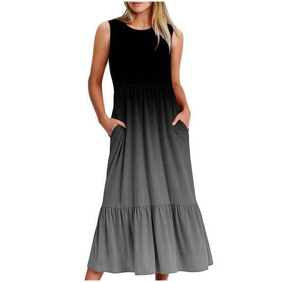 gakvbuo Summer Dresses For Women 2024 Vacation Casual Print Sleevelessswing Tank Sundress Boho Flowy Ruffle Boho Long Dresses Tiered Maxi Dress With Pockets