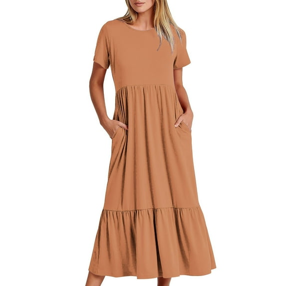 gakvbuo Summer Dresses For Women 2024 Vacation Trendy Casual Short Sleeve Crewneck Sundress Flowy Tiered Maxi Beach Dress Long Beach Maxi Dress Wedding Guest Dresses With Pockets.