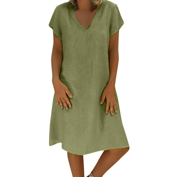 gakvbuo Summer Dresses for Women Linen Dress for Women Summer Plus Size Dress Loose V-Neck Summer Solid Short Sleeve Cotton And Linen Dress