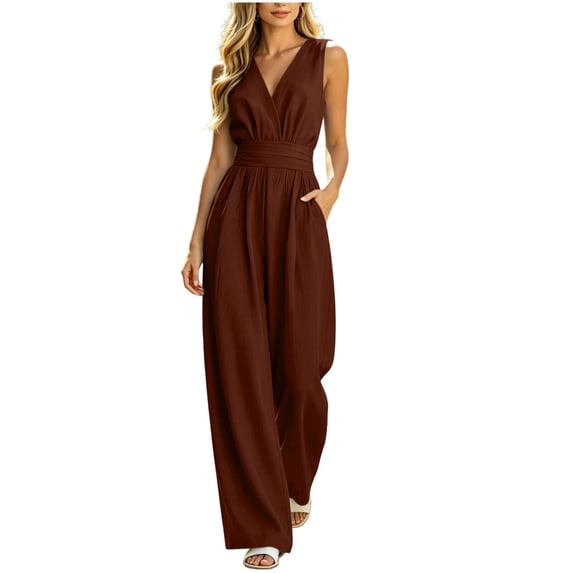 gakvbuo Summer Jumpsuits For Women Casual Dressy Sleeveless Suspender Romper Solid Color V-Neck Wide-Leg Pants High Waist Long Pants With Pocket
