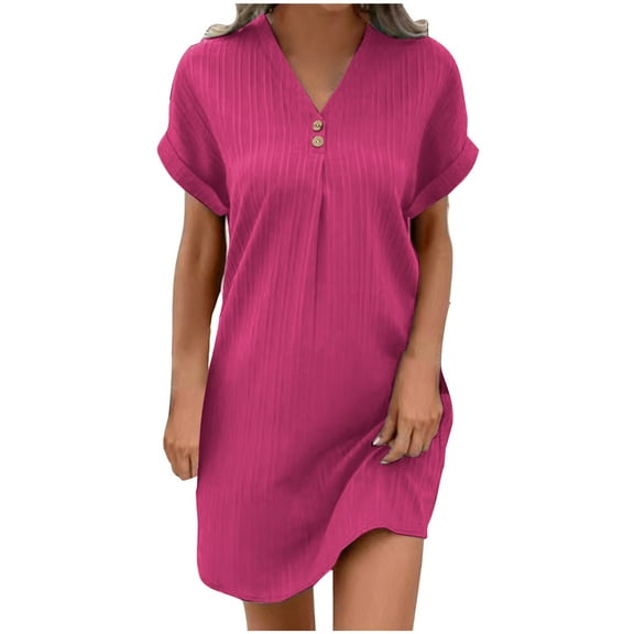 gakvbuo Summer Mini Dress for Women Casual Pleated Button V-Neck T-Shirt Short Rolled Sleeve Beach Sundresses Solid Color Flowy A-Line Dresses