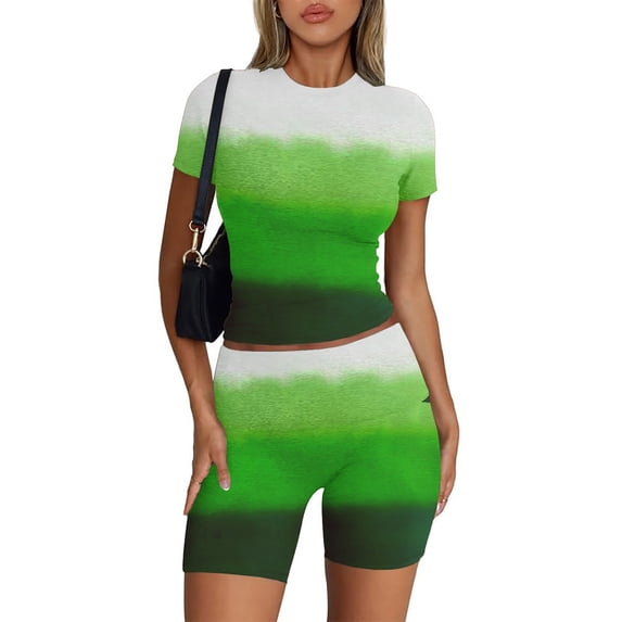 gakvbuo Summer Outfit Sets For Women 2 Piece Sportswear Short Sleeve Crew Neck Gradient Blouses Elastic Waist Shorts Sports Suit Set Casual Active Tracksuits