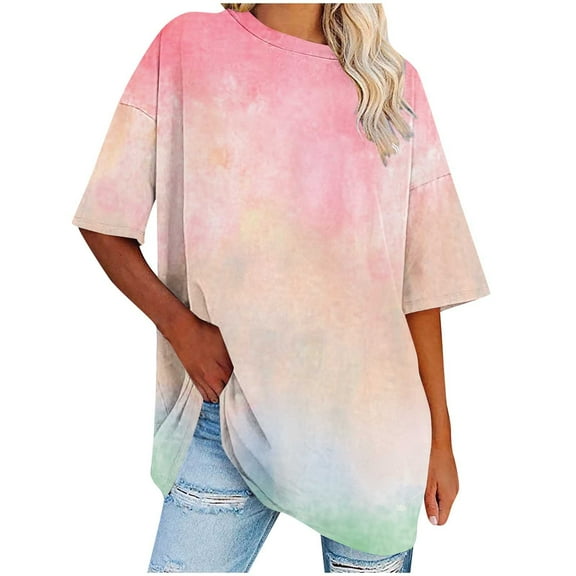 gakvbuo Summer Oversized T-Shirts For Womens Top Loose Half Sleeve Polluer Tees Crew Neck Color Block Plus Size Tunic Tops Gym Workout Top