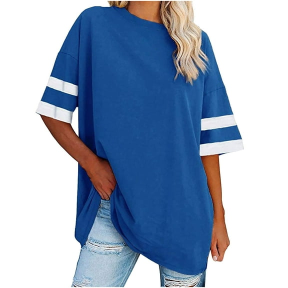 gakvbuo Summer Oversized T-Shirts For Womens Top Loose Stripe Half Sleeve Tees Crew Neck Color Block Cotton Tunic Tops Plus Gym Workout Top