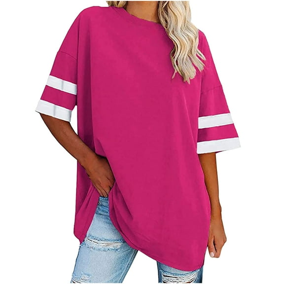 gakvbuo Summer Oversized T-Shirts For Womens Top Loose Stripe Half Sleeve Tees Crew Neck Color Block Cotton Tunic Tops Plus Gym Workout Top
